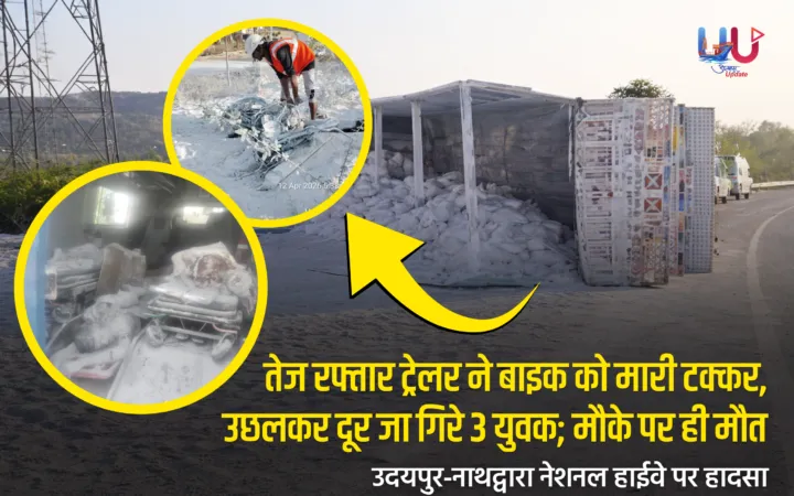 तेज रफ्तार ट्रेलर ने बाइक को मारी टक्कर, उछलकर दूर जा गिरे 3 युवक; मौके पर ही मौत, उदयपुर-नाथद्वारा नेशनल हाईवे पर हादसा